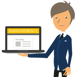 AUSSCHREIBEN.DE für Produkthersteller - Machen Sie auf Ihre Produkte aufmerksam AUSSCHREIBEN.DE - Grafik Produkthersteller mit Laptop